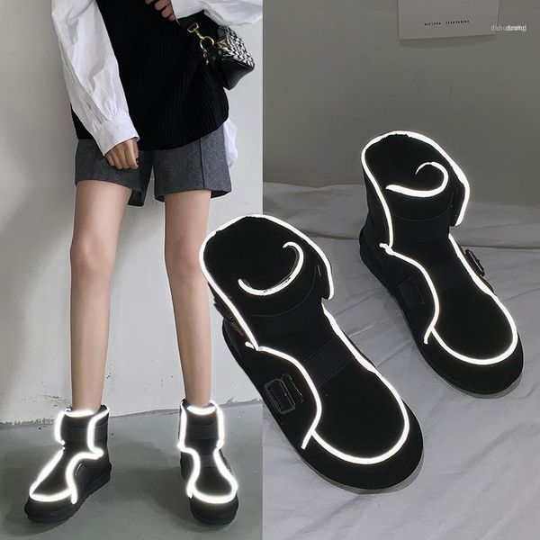 Botas de nieve reflectantes negras para mujer, botas de algodón informales de colegiala japonesa de cilindro bajo de piel gruesa de invierno 20221