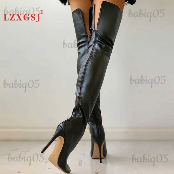 Bottes Noir Sexy sur les bottes au genou pour les femmes chaussures à talons hauts dames cuissardes bottes 2023 hiver grande taille 47 bottes longues femme chaussure T231121