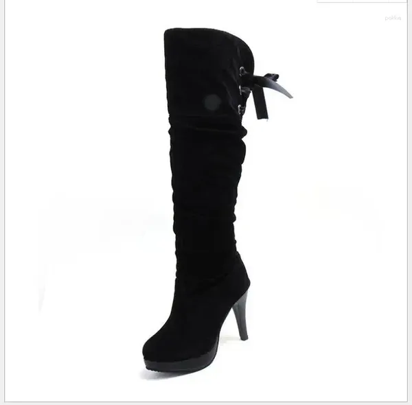 Bottes noires sexy sur le genou Femmes hautes Chaussures Ladies cuisses au printemps lacet-up Suede longue femme