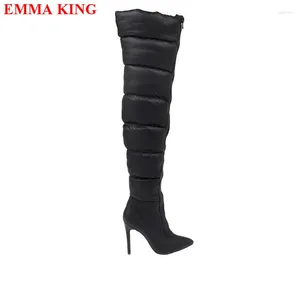Boots Black Silver Winter Shoes femme mode femelle avant zip cuisses hautes talons sexy au-dessus de la fête des femmes du genou