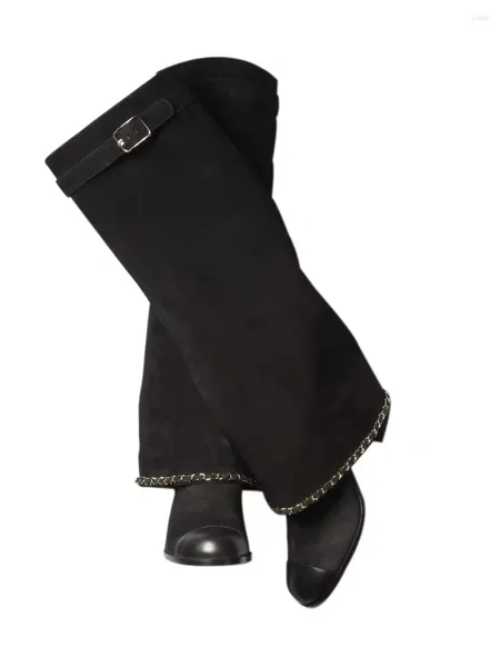 Boots Chaîne épissée noire décorée à bout rond Knee High Femmes