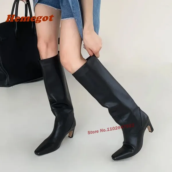 Bottes Black Square Toe Chichettes longues Talons 2024 Knight Knee High Women's Shoes Slip on Solid Fashion Chaussure décontractée chaude