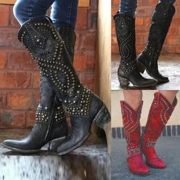 Botas Preto Camurça Bordado Joelho Alto Mulheres Apontadas Toe Spike Heel Outono Inverno Longo Couro Handmade Knight Boot 231019