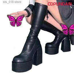 Bottes Noir talons épais élastique Micro genou bottes hautes pour les femmes Style Punk automne hiver grosse plate-forme bottes hautes chaussures de fête dames T230824