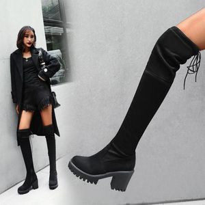 Laarzen zwarte dij hoge vrouwelijke winter vrouwen over de knie platte stretch sexy mode schoenen 2021 Botas de Mujer