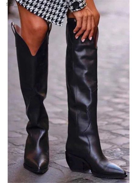 Bottes Bottes occidentales noires femmes 2023 talons compensés bottes hautes mode chaussures à bout pointu sans lacet Cowgirl bottes d'hiver T230824
