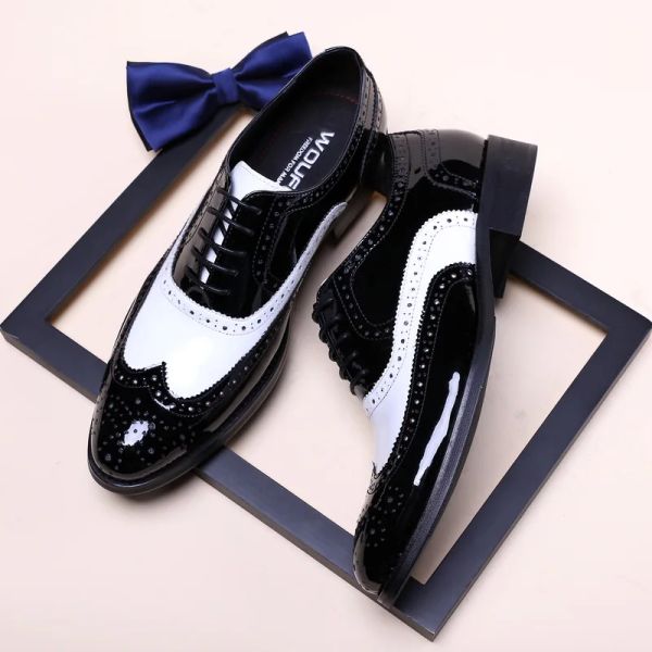 Botas Black White Wingtip Patent Father Dress Shoes Gents Brown Brogues Grooms Boda Classic Oxfords Zapatos para hombre