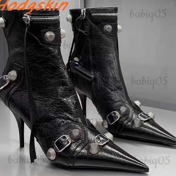 Bottes Noir femmes bottines en métal décoration frange bout pointu côté fermeture éclair Sexy talons aiguilles chaussures Punk mode bottes en cuir babiq05