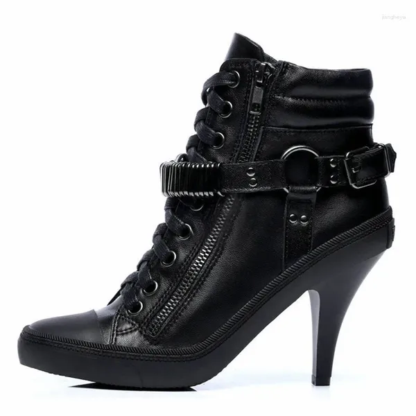 Boots Femmes noires à lacets Chaussures à talons hauts authentiques décor en métal en cuir botas mujer robes femelles