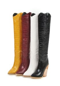 Botas Negro Amarillo Blanco Rodilla Alta Mujer Western Cowboy para invierno largo Punta puntiaguda Cowgirl Cuñas Motorcycle1897676