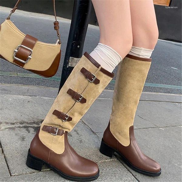 Boots Blapunka Chic Women Multi-Buckle Knee High Natural Généhes Cover Shoe femme mélange de couleurs larges Slip-On Long Boot Boot Trendy