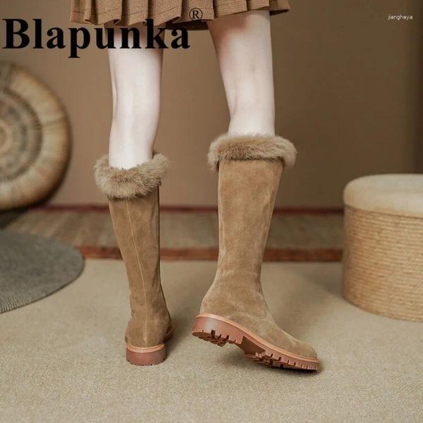 Boots Blapunka Femmes Cow Sneede Snow Retro Talons bas Fourpe Fémelle Femelle Femelle Femelle à main Rond Clôture Chaussures Nude 34-40