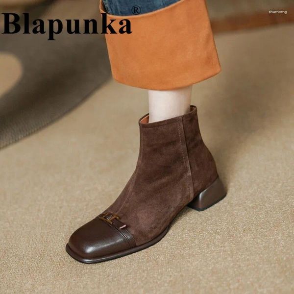 Boots Blapunka Femmes Kid Suede Designer Metal Baille Boucle Cow Coue Cuir Patchwork Femme Femme Rétro Square Toe Winter Chaussures