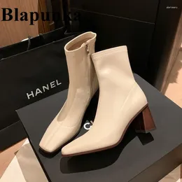 Bottes Blapunka Femmes Stretch Tissu Cheville Beige Bout Carré Fermeture À Glissière Court Automne Femme Élégant Épais Chaussures À Talons Hauts Noir