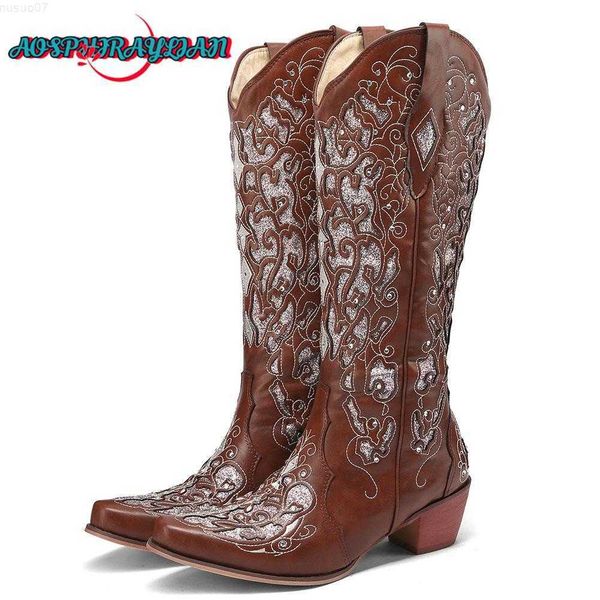 Botas Bling Crystals Vintage Western Denim hasta la rodilla botas mujer 2023 flor de costura bota vaquera L230711