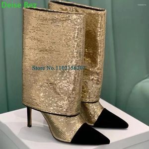 Boots Bling Couleur mixte mince talon haut pour femmes 2024 Slip-on Mid-Calf Handamade Point Toe Fashion Rison Foot Wear Using