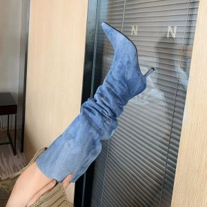 Boots Blue Denim Knee High Cowboy Boots for Women 2023 Automne talons plis