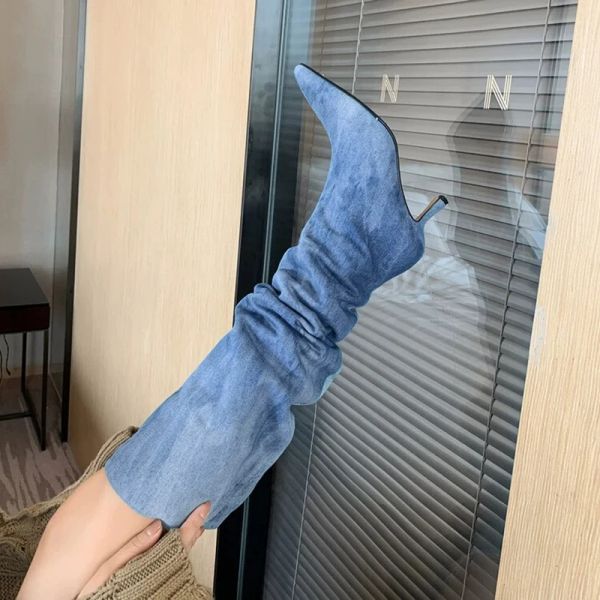 Boots Blue Denim Knee High Cowboy Boots for Women 2023 Automne plissé les talons hauts longs Bottes Femme Stiletto Jeans à talons chaussures Botas