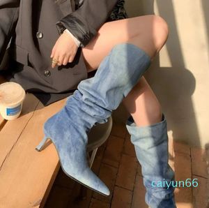 Bottes Blue Denim Genou High Cowboy pour Femmes Automne Talons Plissés Longue Femme Stiletto Talon Jeans Botas Chaussures