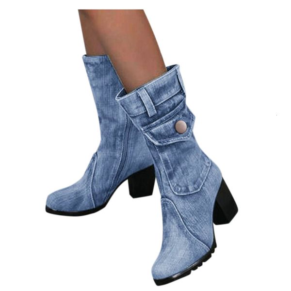 Bottes Blue jeans boot s Mid rise Rome Solid Slip On Chunky Med Heels wild vintage Large Size Ladies shoes 230801