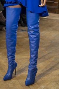 Boots Blue Leather Runway over de kniehoge hakken vrouwen puntige teen catwalk show schoenen vrouwen crotch digh hakken laars