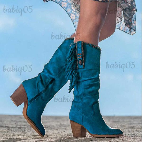 Bottes Bleu femmes bottes mode glands Cowgirl bottes pour femmes hiver 2023 talons épais bottes de débarras avec fermeture éclair latérale Cowboy bottes chaussures T231121