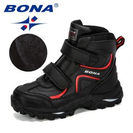 Botas Bona estilo inverno meninos botas crianças sapatos para crianças tênis botas de couro pelúcia quente plana tornozelo botas confortáveis 231212