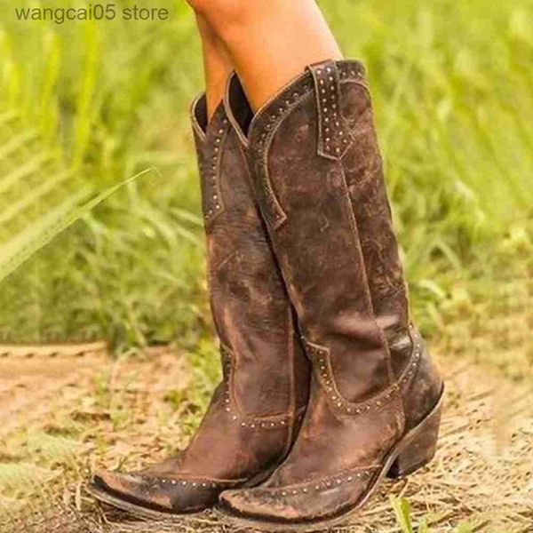 Bottes BONJOMARISA 2021 Cowboy Cowgirl bout pointu mi-mollet bottes pour femmes talons épais décontracté Vintage loisirs décontracté Western bottes T230713