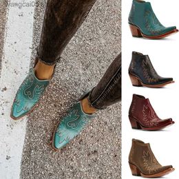 Botas BONJOMARISA 2021 nueva moda mujer puntiagudos botas occidentales para mujer Casual tacón grueso Vintage bordado vaquero zapatos mujer T230713