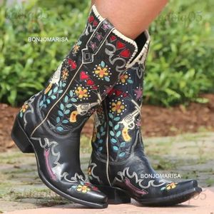 Bottes BONJOMARISA marque Cowboy broderie florale bottes occidentales pour les femmes sans lacet mi-mollet bottes femme conception décontractée chaussures femme T231117