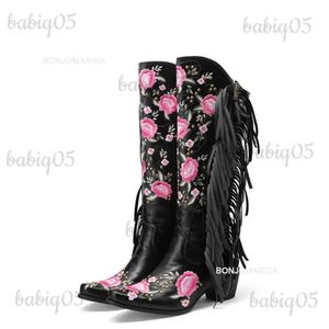 Bottes BONJOMARISA bottes de Cowboy pour femmes frange broderie fleur douce bottes occidentales Cowgirls bloc romain chaussures à talons hauts automne T231117