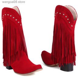 Botas BONJOMARISA Cowboy Western Boots Fringe Stacked Heels Wide Becerro Retro Ridding Boots Slip On Casual Ocio Otoño Zapatos T230713