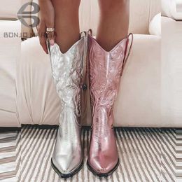 Laarzen bonjomarisa cowgirls cowboy roze metallic western voor vrouwen puntige teen gestapelde hakken pull op het midden kalf merk ontwerp y2211