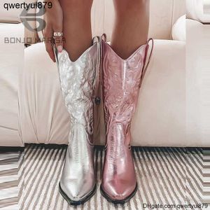 Mode Laarzen BONJOMARISA Cowgirls Cowboy Roze Metallic Western Voor Vrouwen Puntschoen Gestapelde Hakken Pull On Mid Calf Brand Design