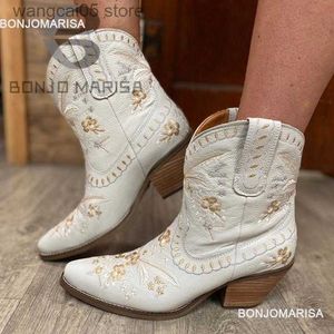 Laarzen BONJOMARISA Geborduurde Westerse Laarzen Voor Vrouwen Enkellaarsje Cowboy Cowgirls Bloemenprint Fashiin Chunke Heel Slip Op Schoenen 2022 T230713