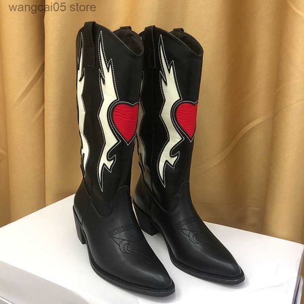 Bottes BONJOMARISA Femme Amour Coeur Mi-mollet Bottes Pour Femmes Mignon Cowgirls Cowboy Chunky Talon Vintage Mode Punk Western Bottes Femmes T230713