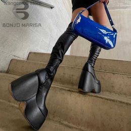 Botas BONJOMARISA nueva marca Punk plataforma Goth cuñas altas botas largas hasta el muslo mujeres estiramiento fresco sobre la rodilla botas de mujer T230713