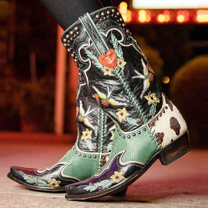 Bottes BONJOMARISA Western Cowboy Femmes Bottes Cowgirl Mi-mollet Bottes Coeur Rétro Brodé Slip On Chunky Casual Printemps Chaussures Femme 220903