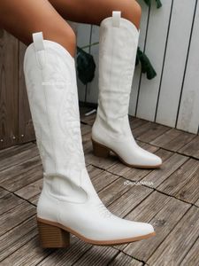 Bottes BONJOMARISA bottes de Cowboy blanches pour femmes pointues à talon épais mode broderie Cowgirl bottes occidentales automne hiver chaussures femme 231207