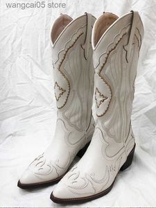 Laarzen BONJOMARISA Witte Cowboy Western Knie Hoge Laarzen Ontwerp Chunky Hak Puntschoen Slip Op Herfst Lange Laarzen Ridding Casual Schoenen T230713