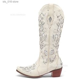 Laarzen BONJOMARISA Dames Cowboy Kniehoge Laarzen Glitter Lovertjes Ontwerp Herfst Borduren Slip Op Cowgirls Westerse Schoenen Grote Maat 43 T230824