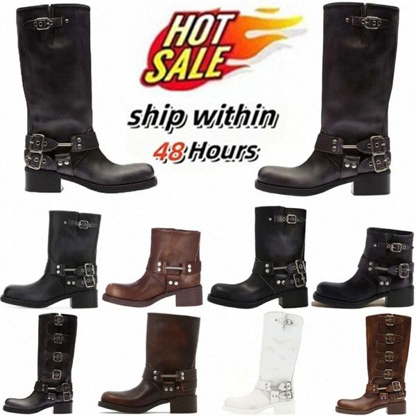 Boots Boot Boties Martin Knee Designer Chaussures Femmes hommes MIUI CHAUNKY CONFORT HARNESS CEINTURE BULLLED COWDIDE BIKER CUIR ZIP BROWN BROWN WHITE KNIGHT Z01U #