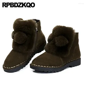 Boots Bottises vertes 11 en daim noir pom pom Furry 9 10 Chunky British Big Size Winter Snow Real fourrure Femmes Handmade Ladies Chaussures