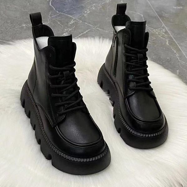 Bottes chaussons chaussures courtes pour femme chaussures avec lacets en cuir à lacets plate-forme noire femme cheville Biker grosse botte en Pu Gyaru