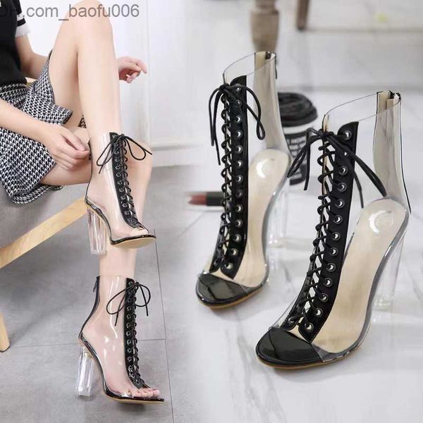 Bottes Bottes Sexy PVC Transparent Bottes Sandales Peep Toe Chaussures Clair Talons Chunky Sandales À Lacets Mujer Bleu Femmes Bottes 230327 Z230726