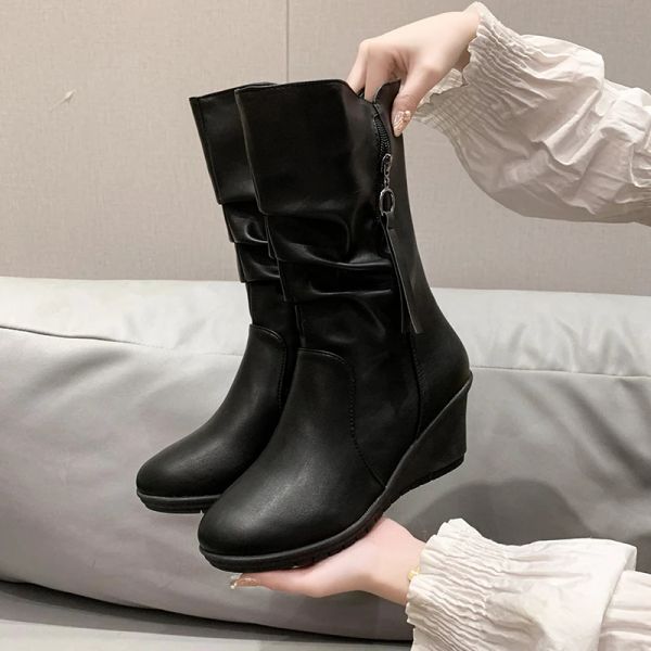 Botas Botas Mujer Invierno 2023 Caza de la plataforma del tacón de la cuña Mid de la pantorrilla