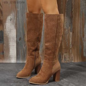 Bottes Bottes Femmes Cowboy Talons Western Chunky Chaussures En Cuir Genou Haute Longue Élégant Designer Plus La Taille New Rock Pole Dance Marron T230824