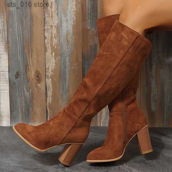 Botas Botas Mujer Tacones de vaquero Zapatos gruesos occidentales Cuero Rodilla Alto Largo Elegante Diseñador Tallas grandes New Rock Pole Dance Marrón T230829