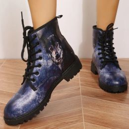 Boots Boots Boot Women's Autumn and Winter New 2022 British Fashion Dames Print Wolf Head Cross Strap High Boots Women Square Heel