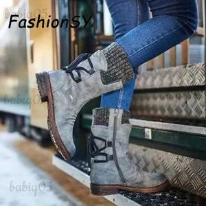 Laarzen Laarzen Damesschoenen Herfst Winter Vintage Platte Veters Effen Schoenen Snowboots Breien Patchwork Vrouwelijke Halfhoge laarzen vrouw T231117